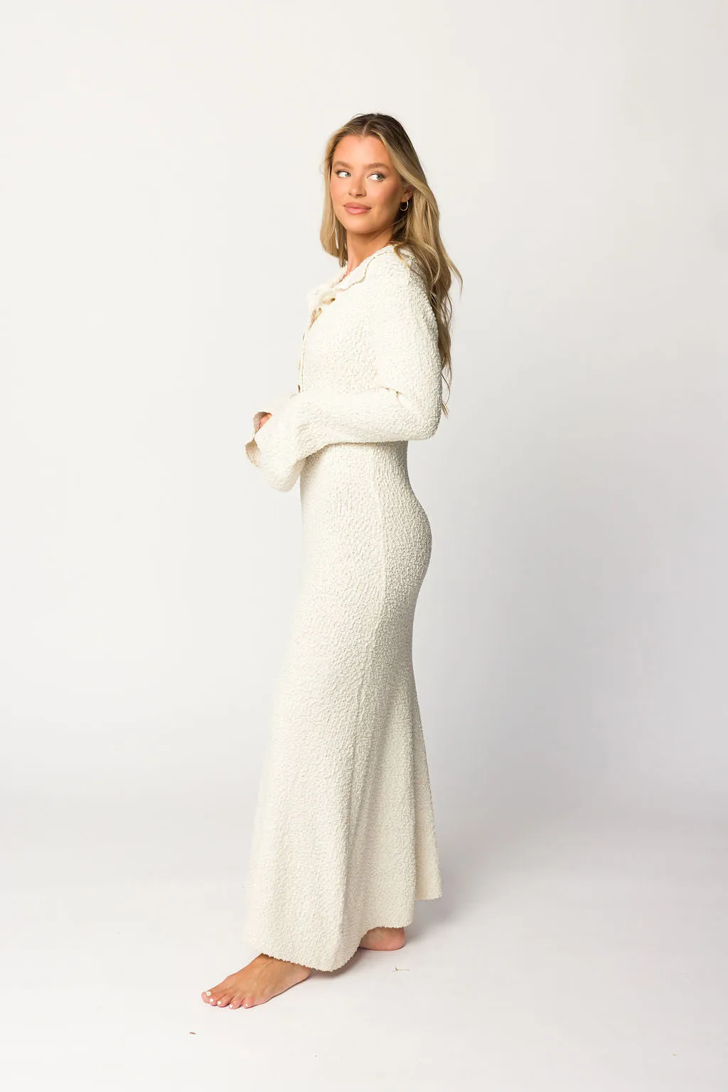 Courtney Boucle Maxi Shirt Dress in Cream- Nursing Friendly