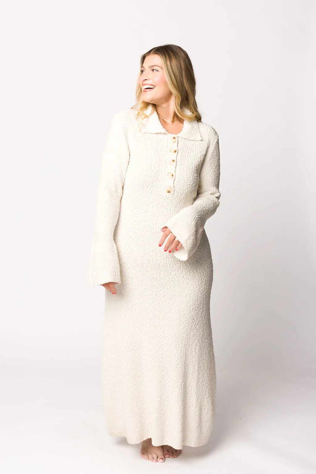 Courtney Boucle Maxi Shirt Dress in Cream- Nursing Friendly