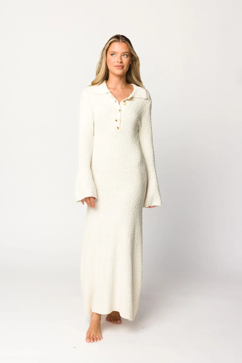 Courtney Boucle Maxi Shirt Dress in Cream- Nursing Friendly