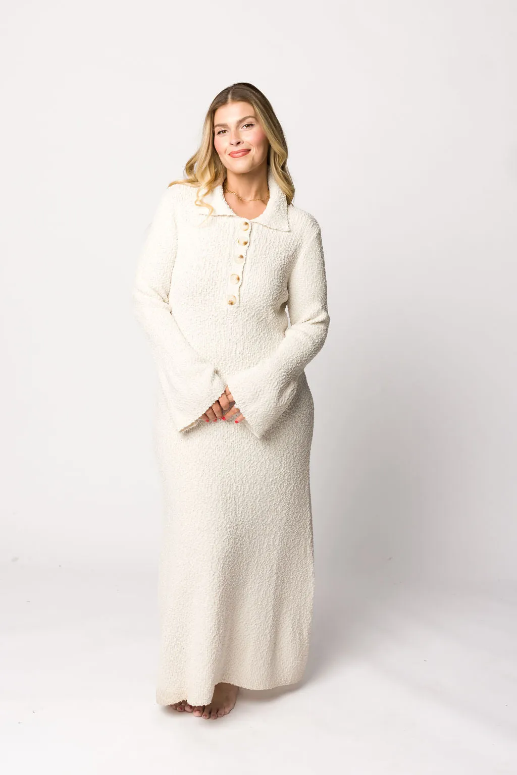 Courtney Boucle Maxi Shirt Dress in Cream- Nursing Friendly