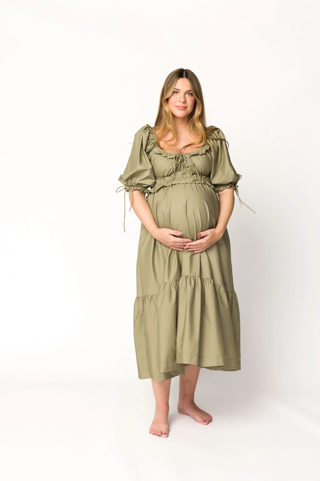 Crissy Ruched Midi Dress in Dusty Olive - Bump Friendly