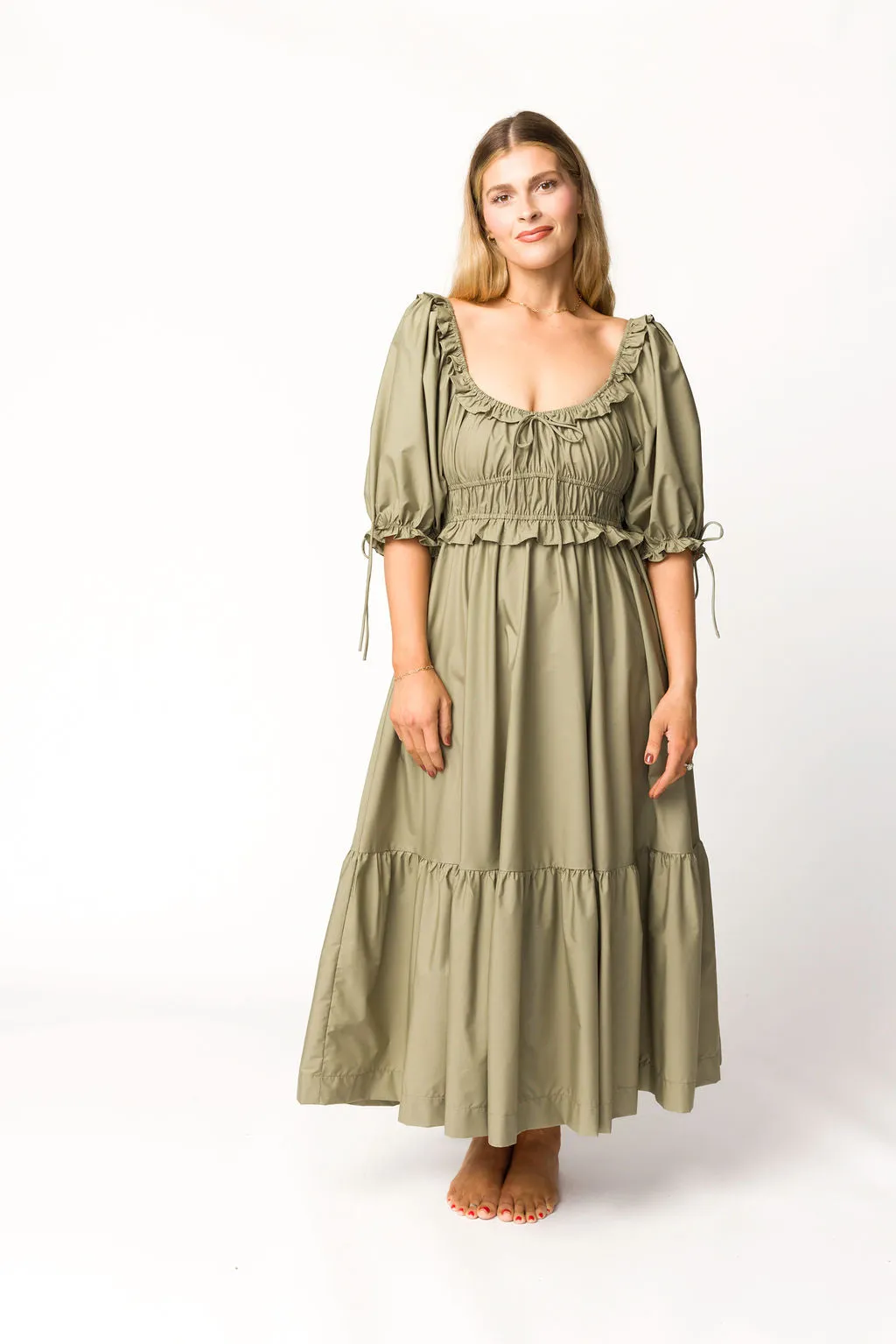 Crissy Ruched Midi Dress in Dusty Olive - Bump Friendly