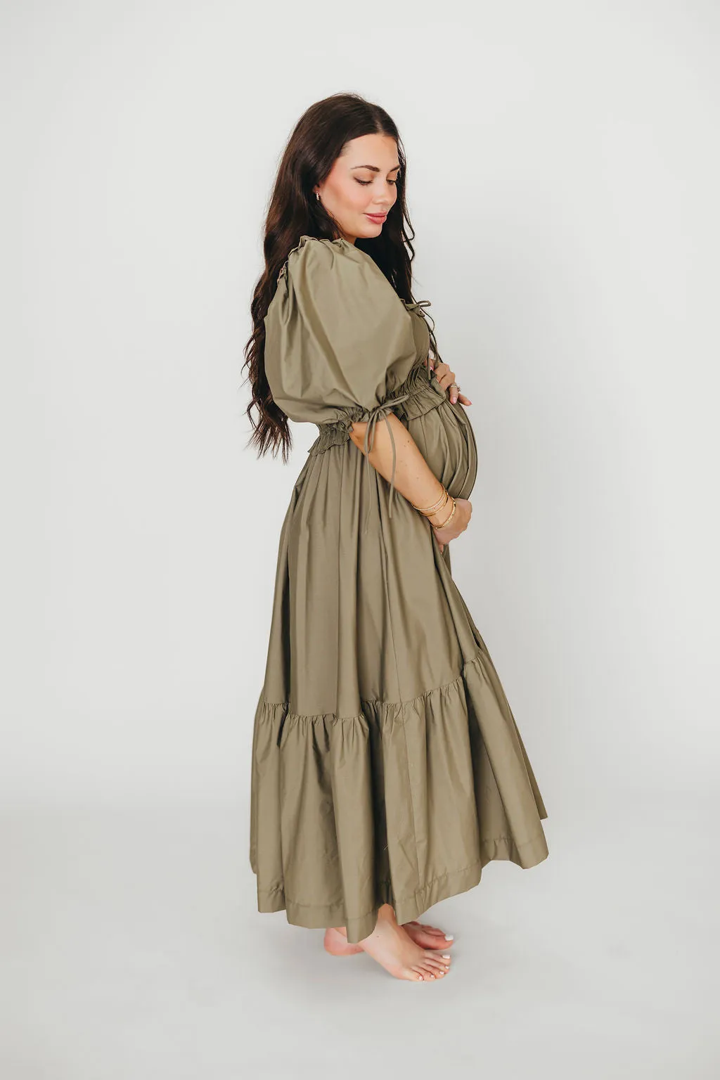 Crissy Ruched Midi Dress in Dusty Olive - Bump Friendly