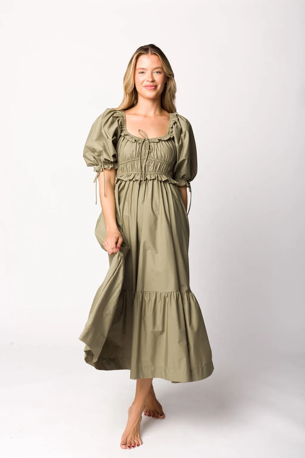 Crissy Ruched Midi Dress in Dusty Olive - Bump Friendly