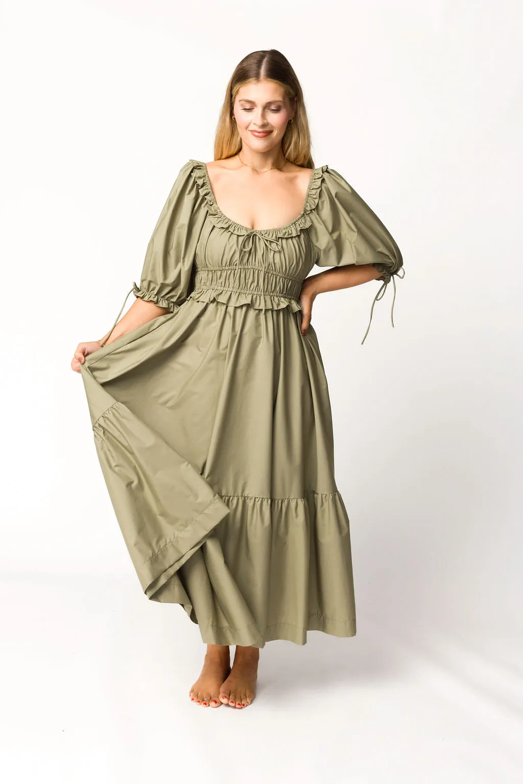 Crissy Ruched Midi Dress in Dusty Olive - Bump Friendly