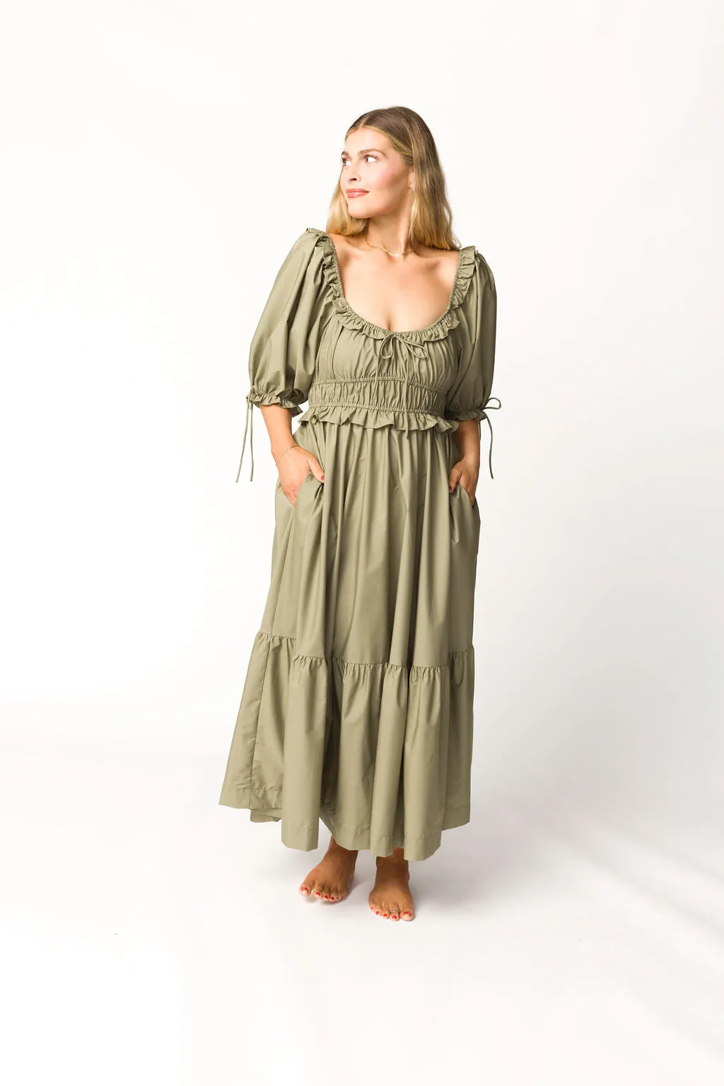 Crissy Ruched Midi Dress in Dusty Olive - Bump Friendly