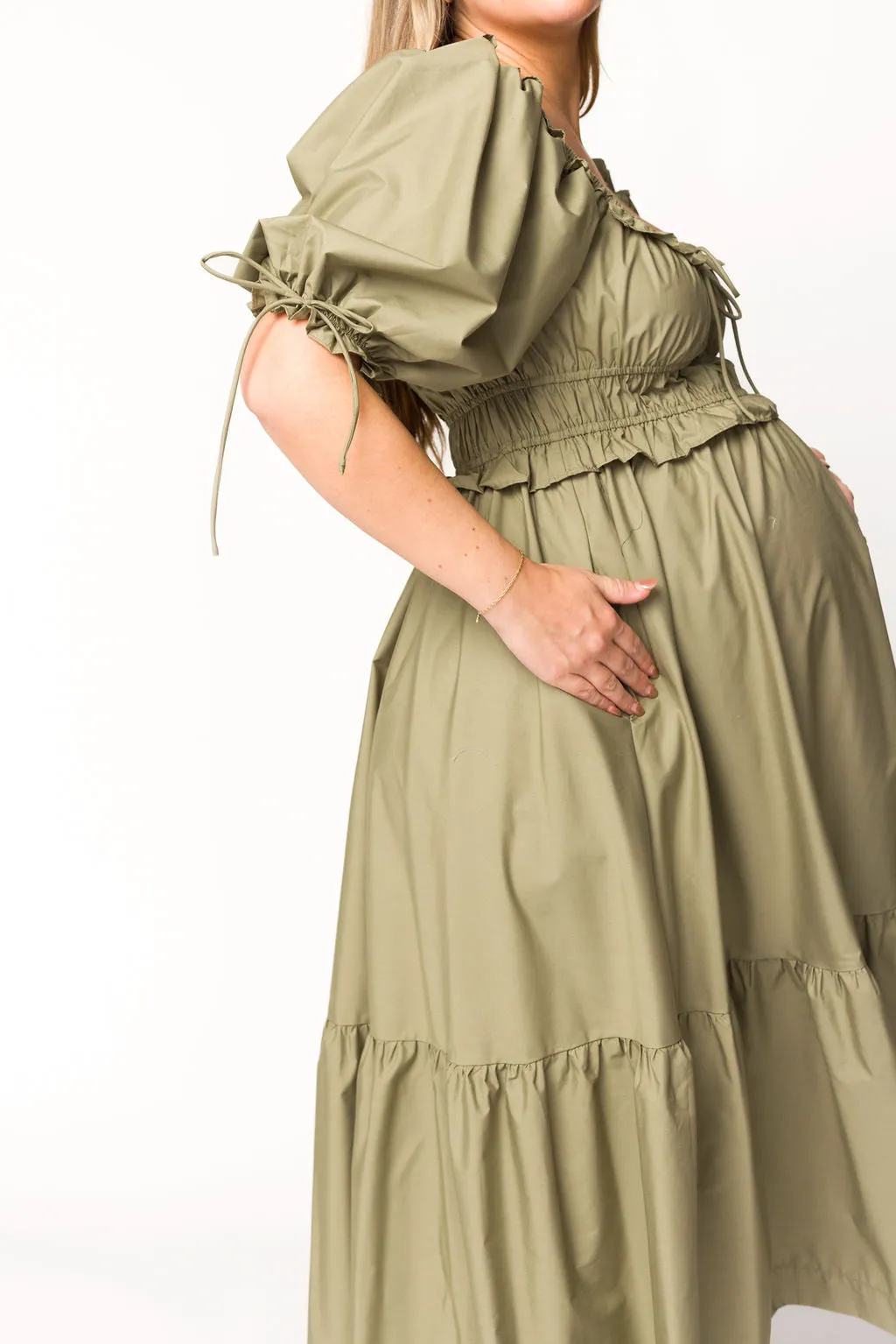 Crissy Ruched Midi Dress in Dusty Olive - Bump Friendly