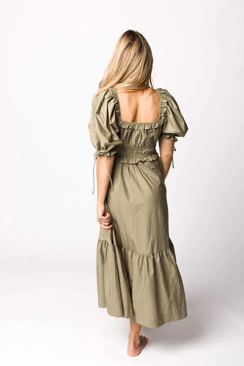 Crissy Ruched Midi Dress in Dusty Olive - Bump Friendly