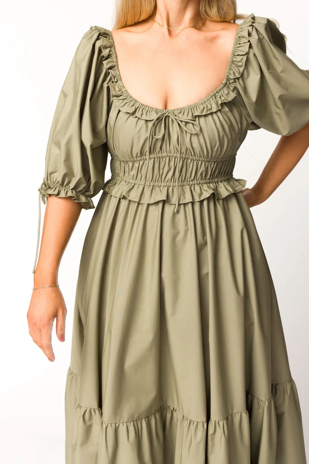 Crissy Ruched Midi Dress in Dusty Olive - Bump Friendly