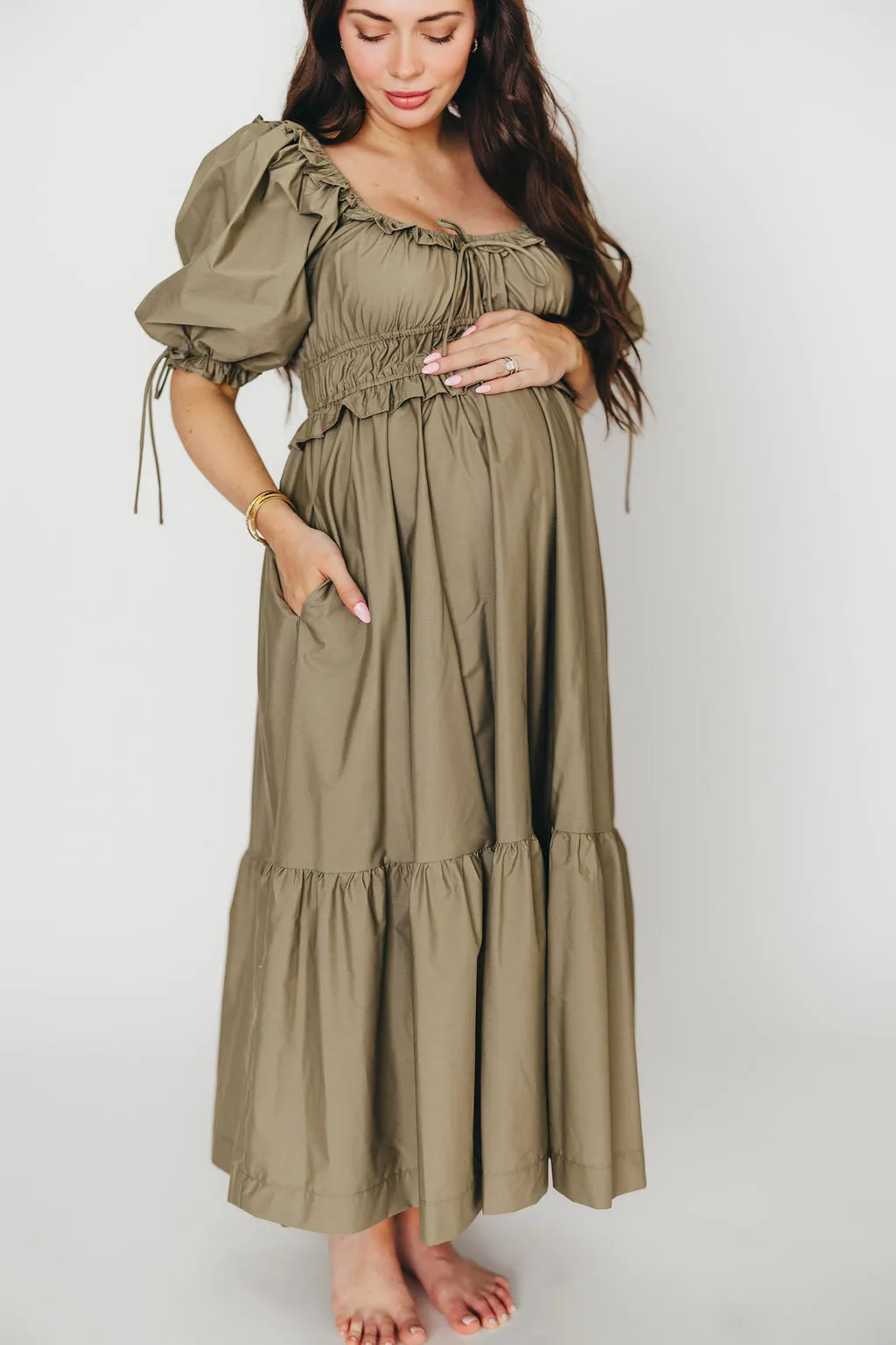 Crissy Ruched Midi Dress in Dusty Olive - Bump Friendly