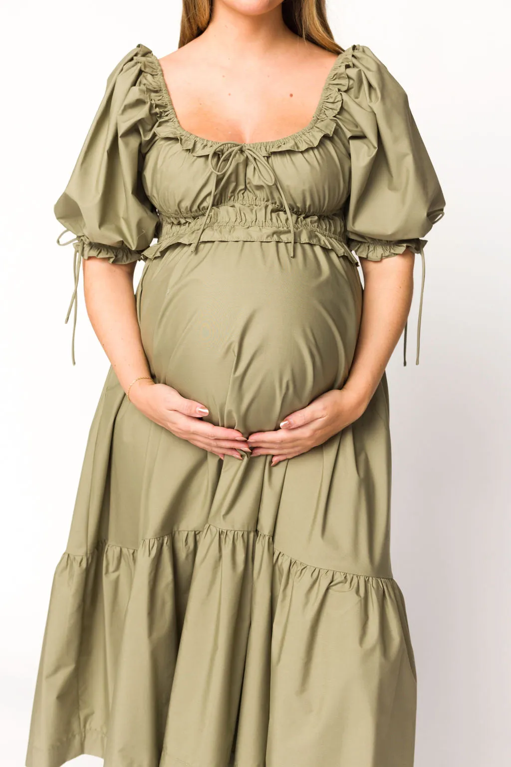 Crissy Ruched Midi Dress in Dusty Olive - Bump Friendly