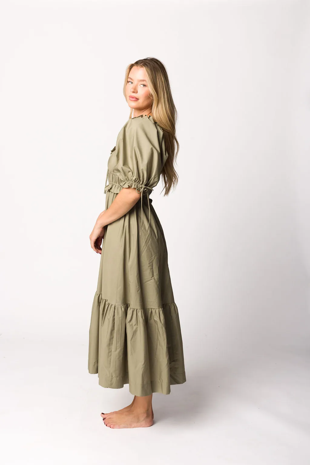Crissy Ruched Midi Dress in Dusty Olive - Bump Friendly