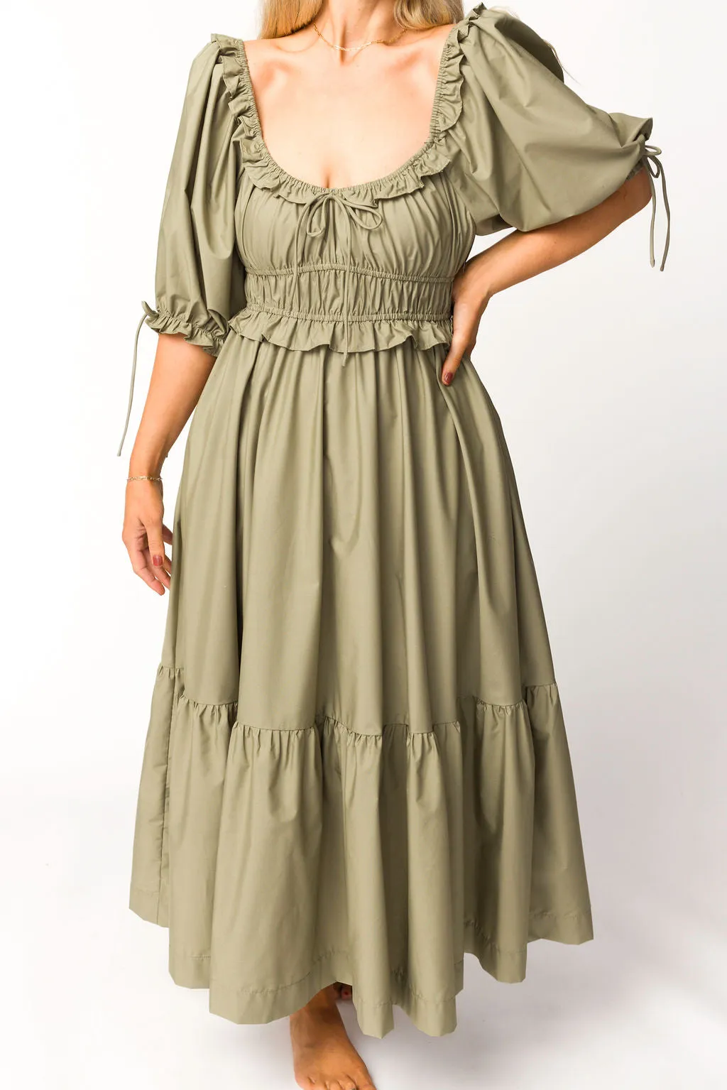 Crissy Ruched Midi Dress in Dusty Olive - Bump Friendly