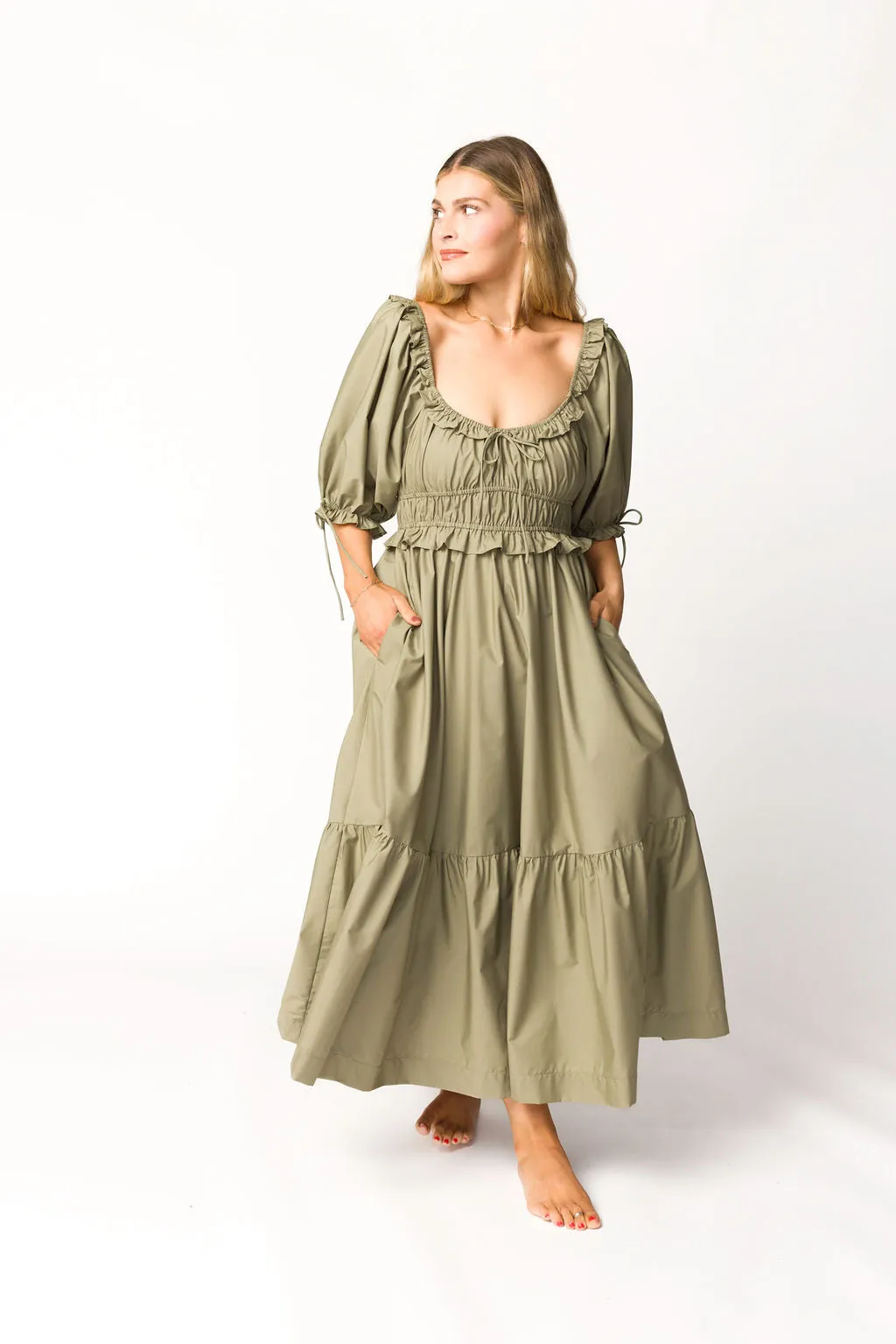 Crissy Ruched Midi Dress in Dusty Olive - Bump Friendly