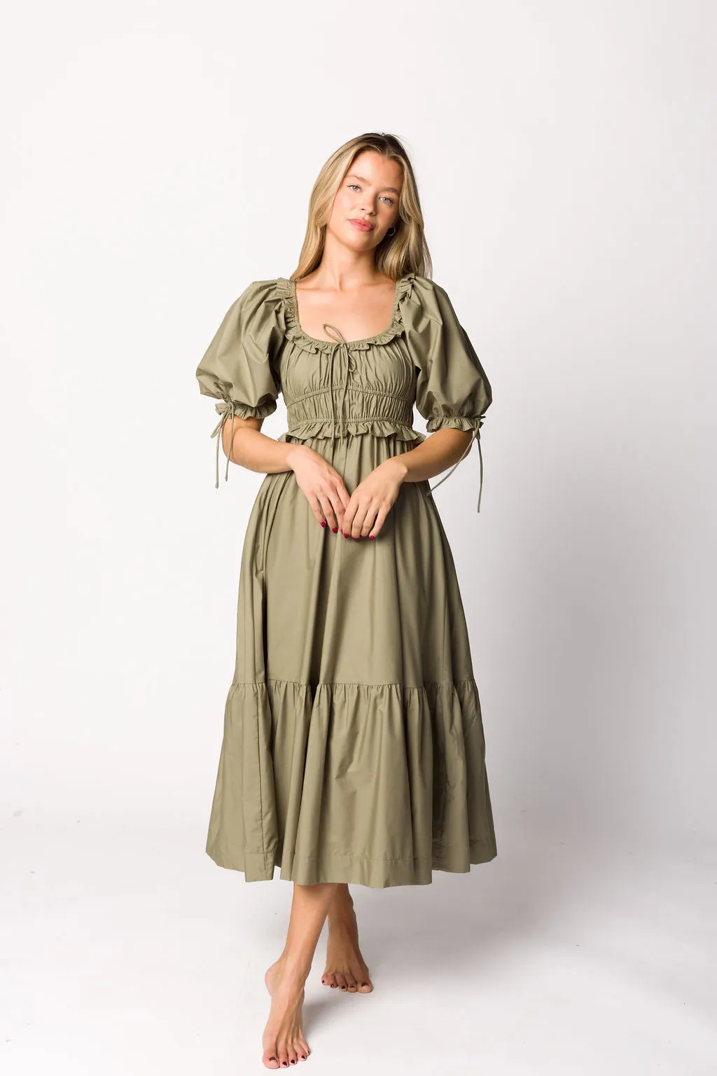 Crissy Ruched Midi Dress in Dusty Olive - Bump Friendly