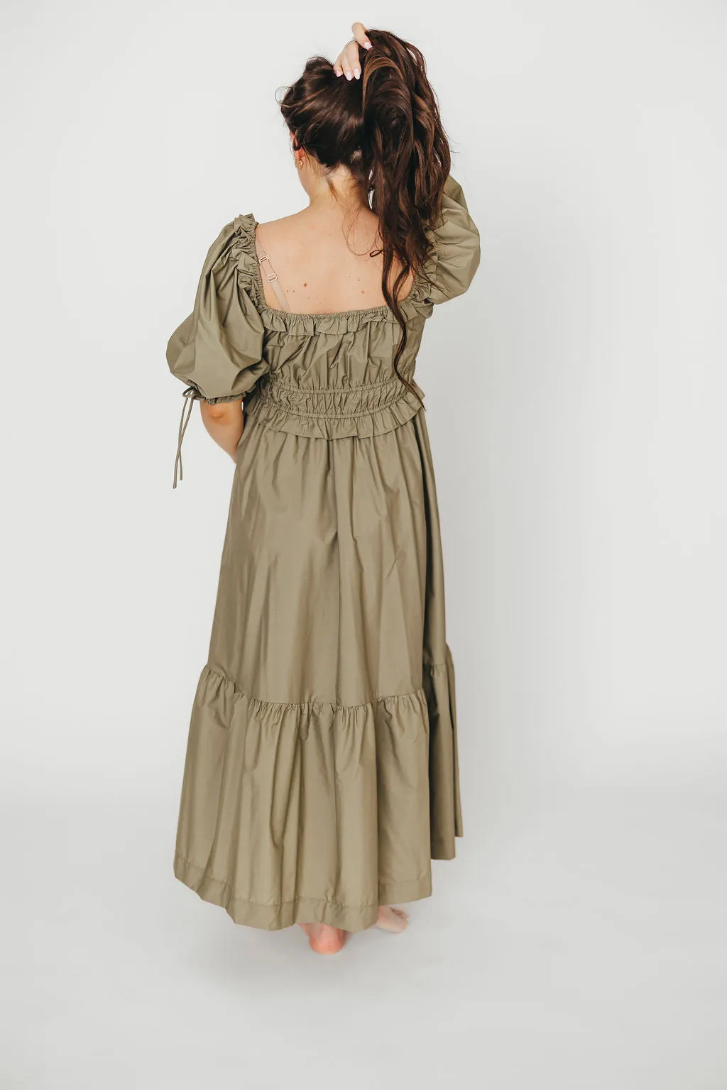 Crissy Ruched Midi Dress in Dusty Olive - Bump Friendly