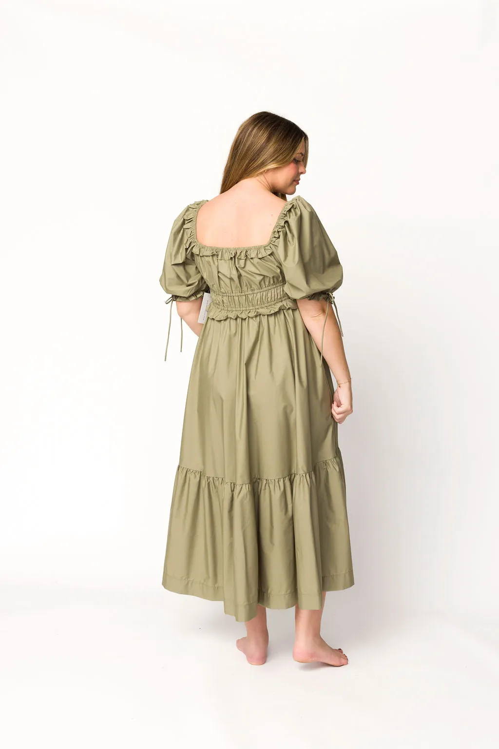 Crissy Ruched Midi Dress in Dusty Olive - Bump Friendly