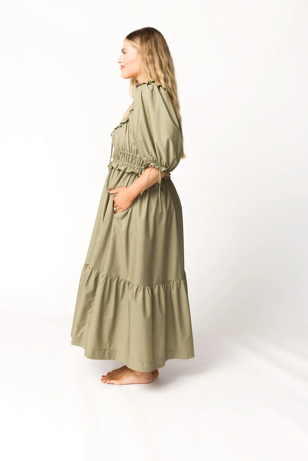 Crissy Ruched Midi Dress in Dusty Olive - Bump Friendly