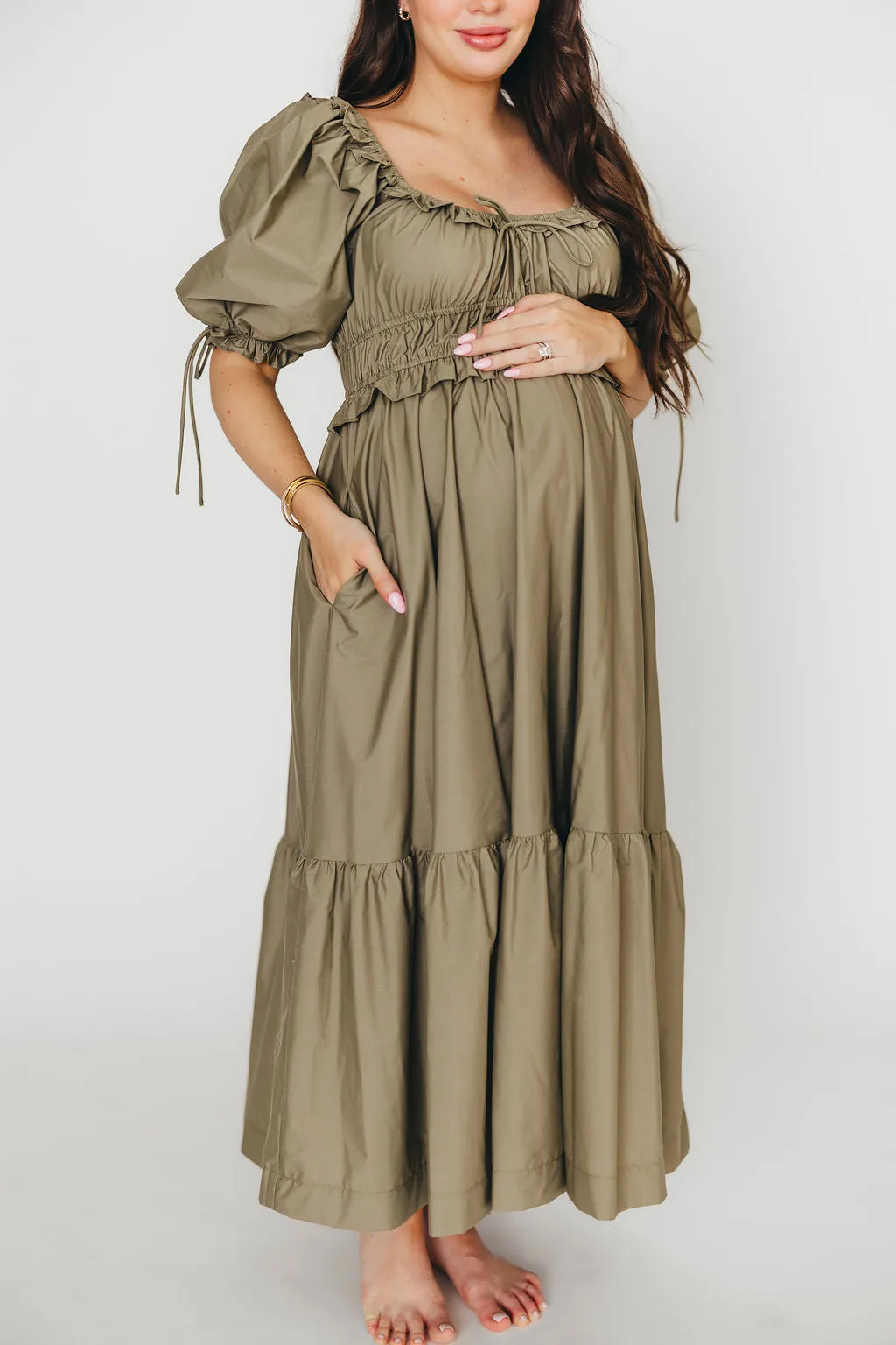 Crissy Ruched Midi Dress in Dusty Olive - Bump Friendly