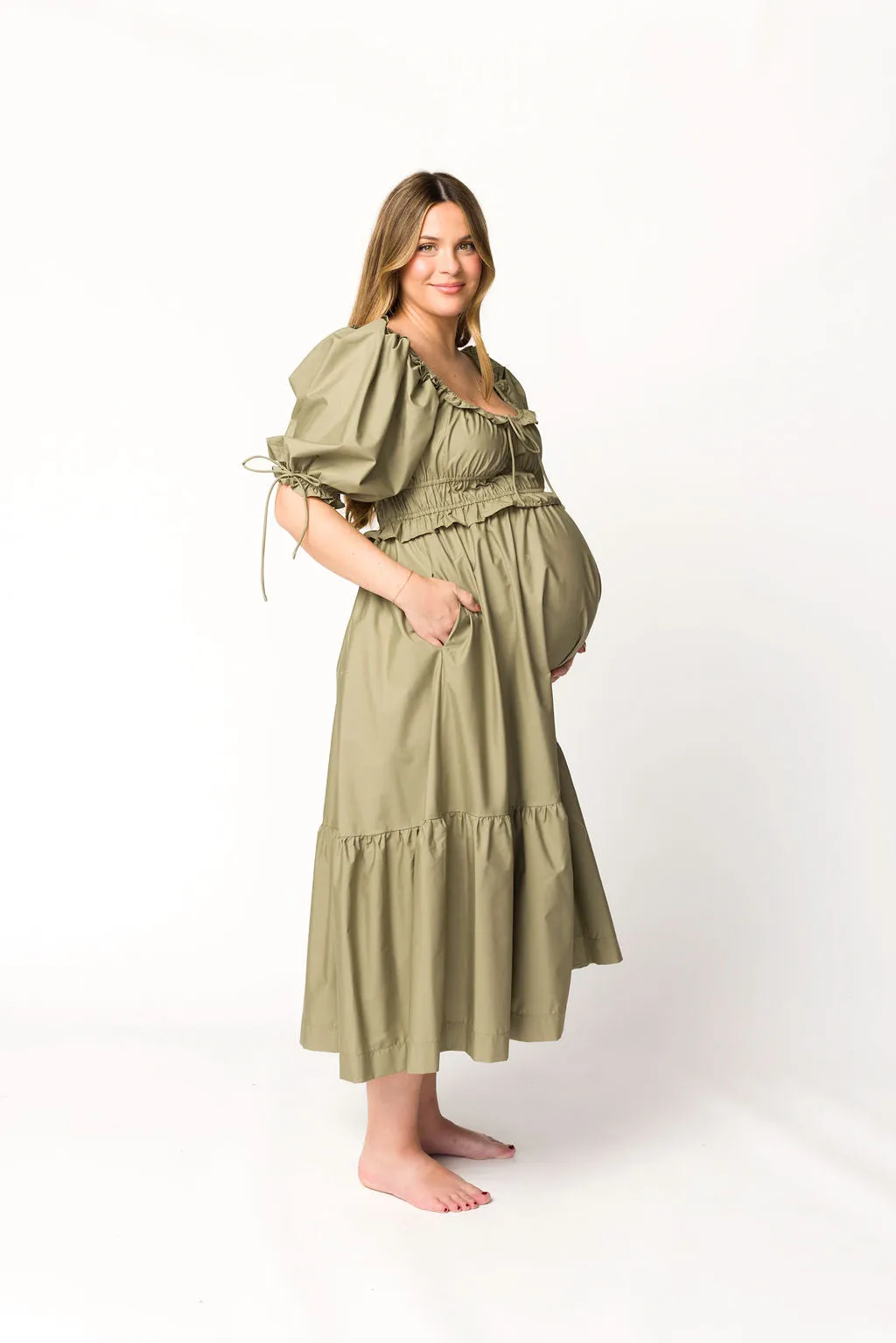 Crissy Ruched Midi Dress in Dusty Olive - Bump Friendly