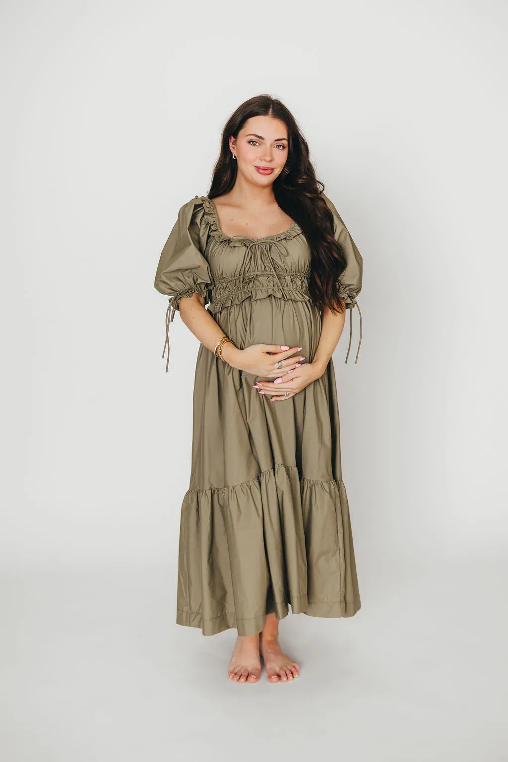 Crissy Ruched Midi Dress in Dusty Olive - Bump Friendly