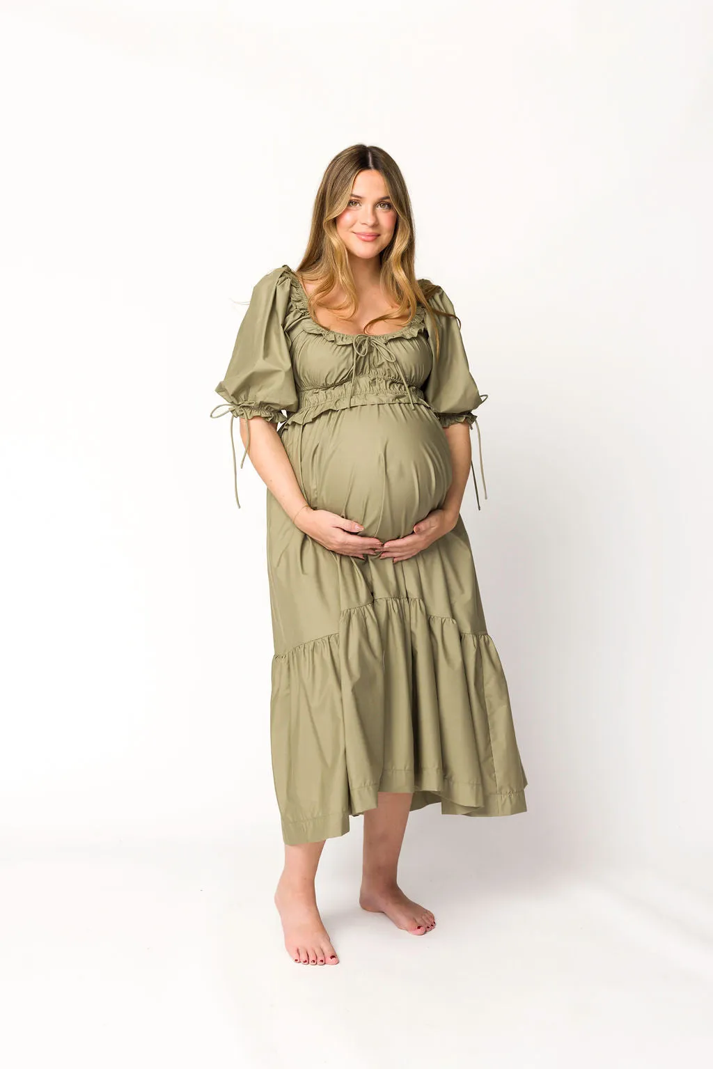 Crissy Ruched Midi Dress in Dusty Olive - Bump Friendly