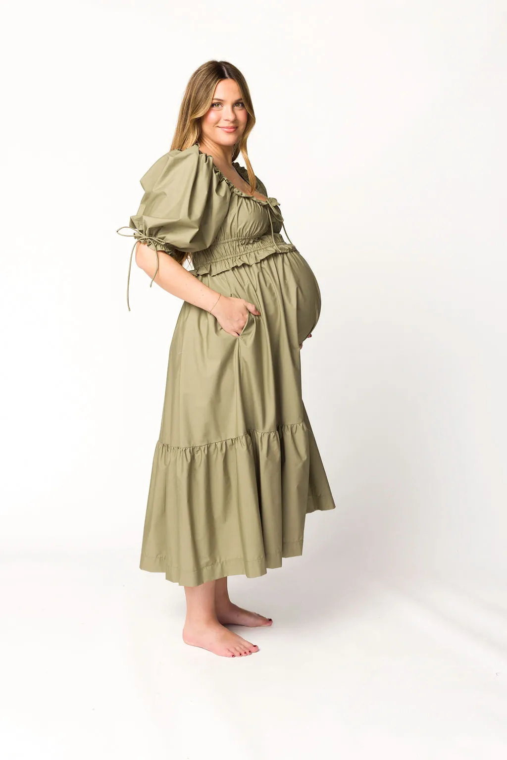 Crissy Ruched Midi Dress in Dusty Olive - Bump Friendly