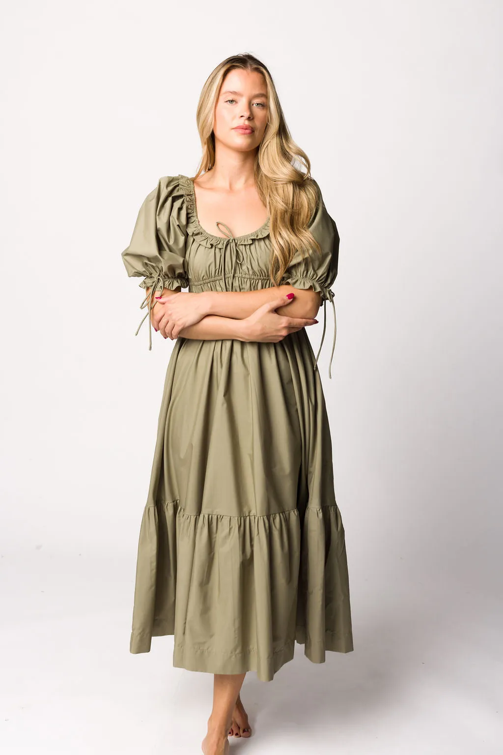 Crissy Ruched Midi Dress in Dusty Olive - Bump Friendly