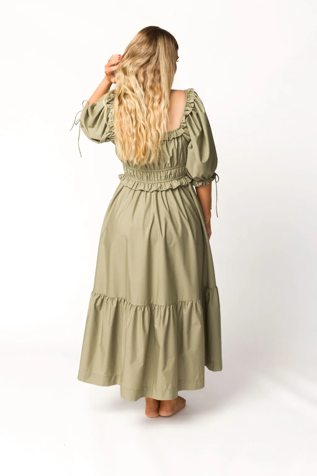 Crissy Ruched Midi Dress in Dusty Olive - Bump Friendly