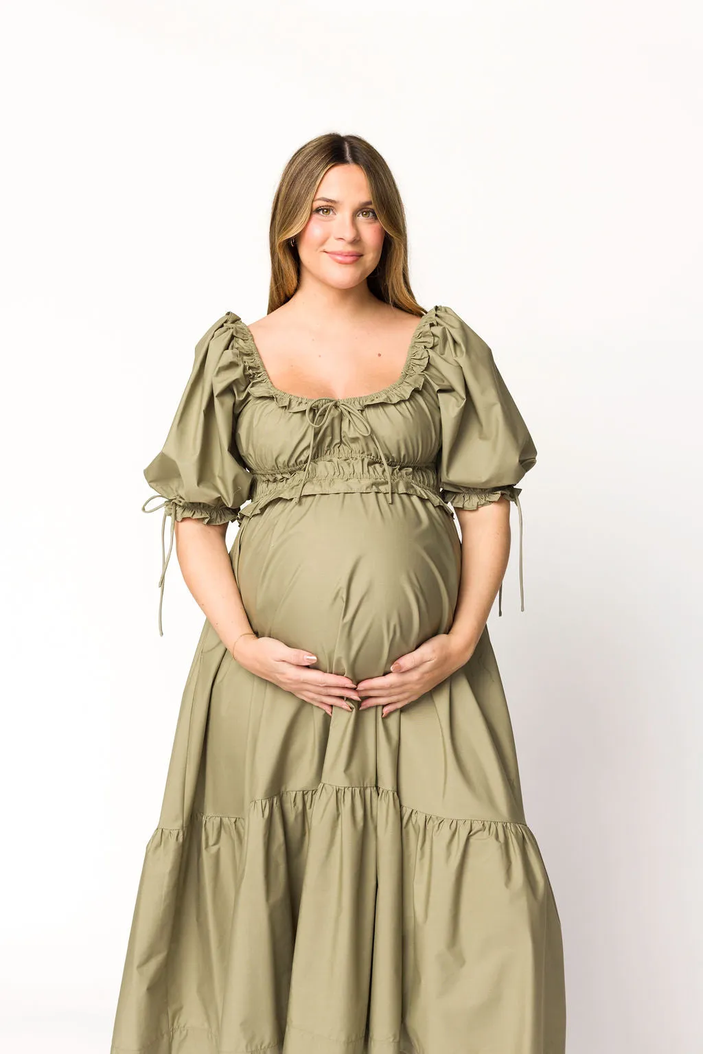 Crissy Ruched Midi Dress in Dusty Olive - Bump Friendly
