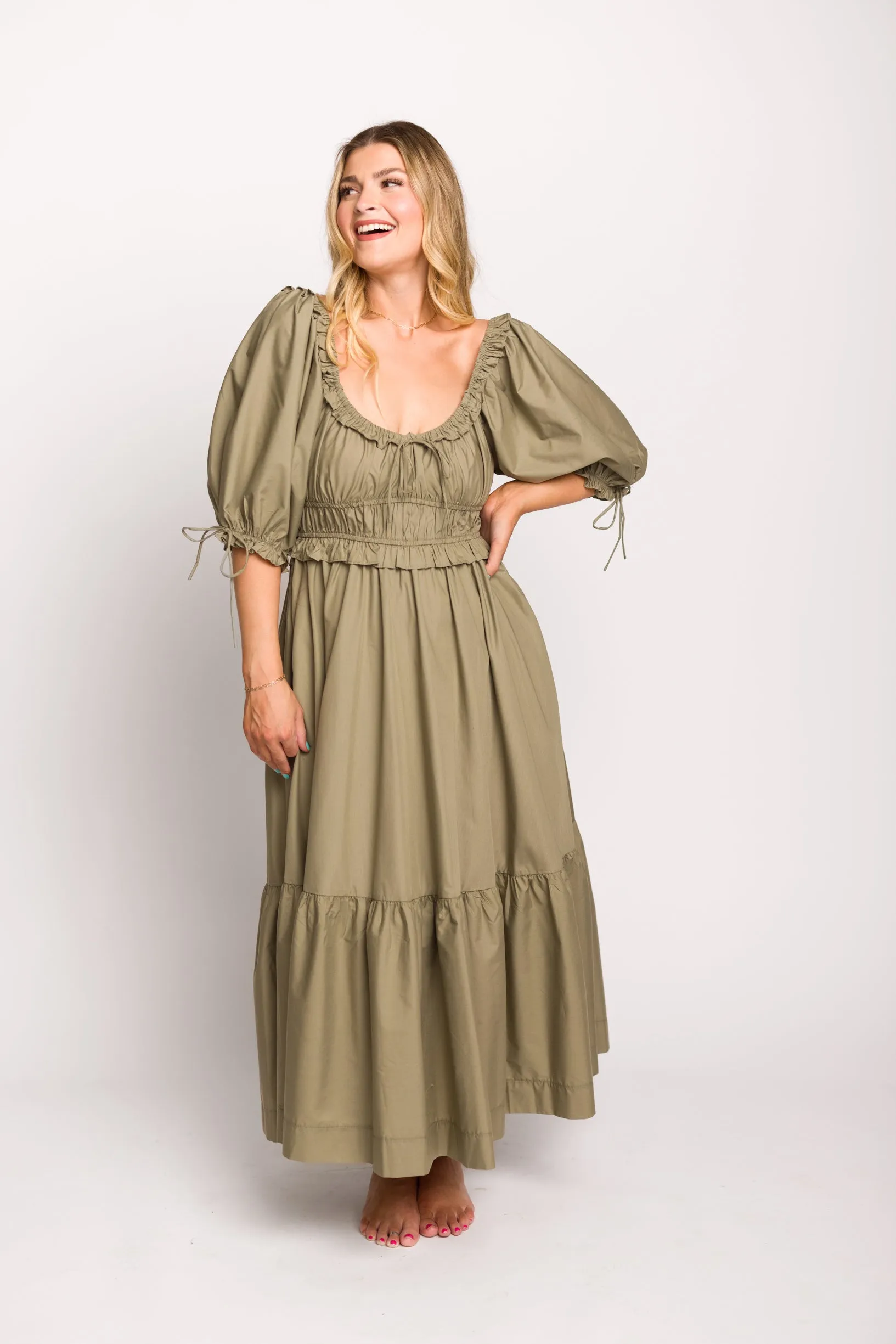 Crissy Ruched Midi Dress in Dusty Olive - Bump Friendly