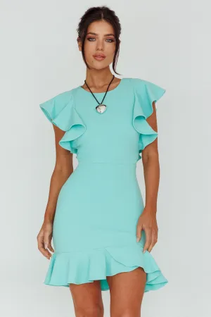 Cupid's Bow Ruffle Shoulder Bodycon Dress Teal