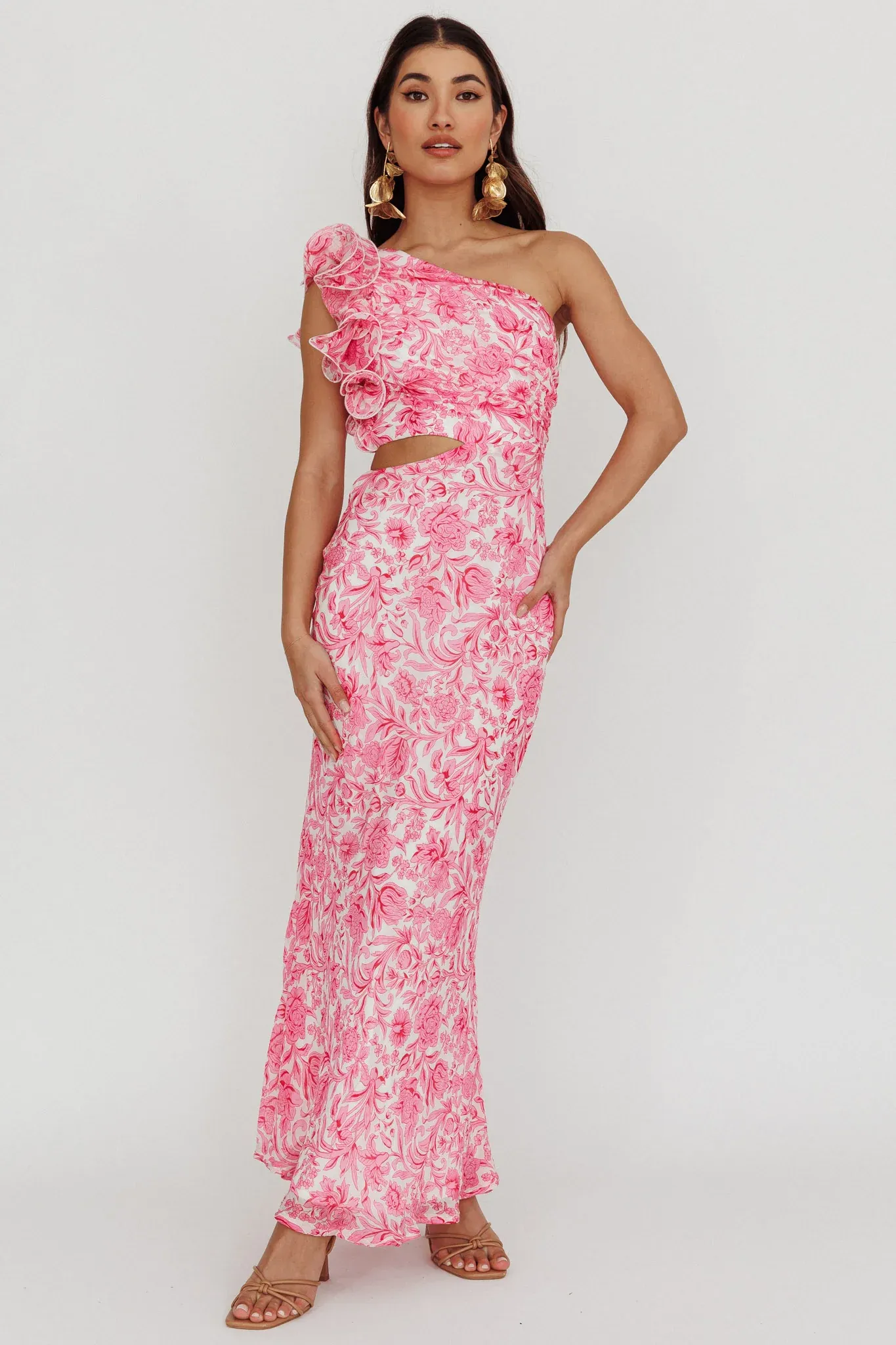 Deanna One-Shoulder Ruffle Midi Dress Floral Pink
