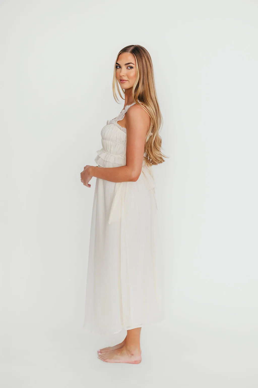 Demi Ruffle Midi Dress in Ecru
