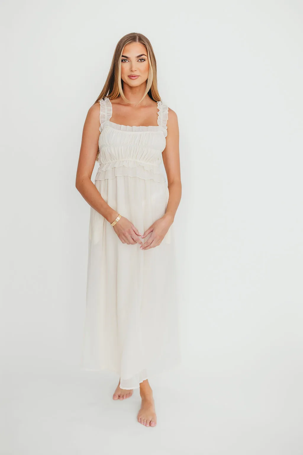 Demi Ruffle Midi Dress in Ecru