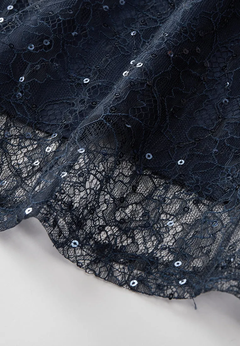 Diamond Pattern Embellished Lace-detail Belted Dress
