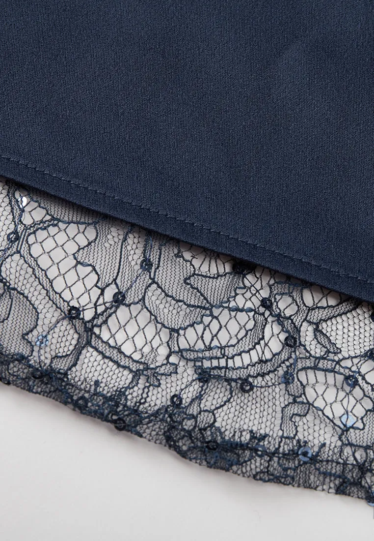Diamond Pattern Embellished Lace-detail Belted Dress