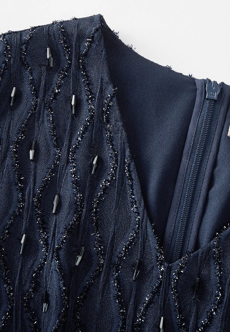 Diamond Pattern Embellished Lace-detail Belted Dress