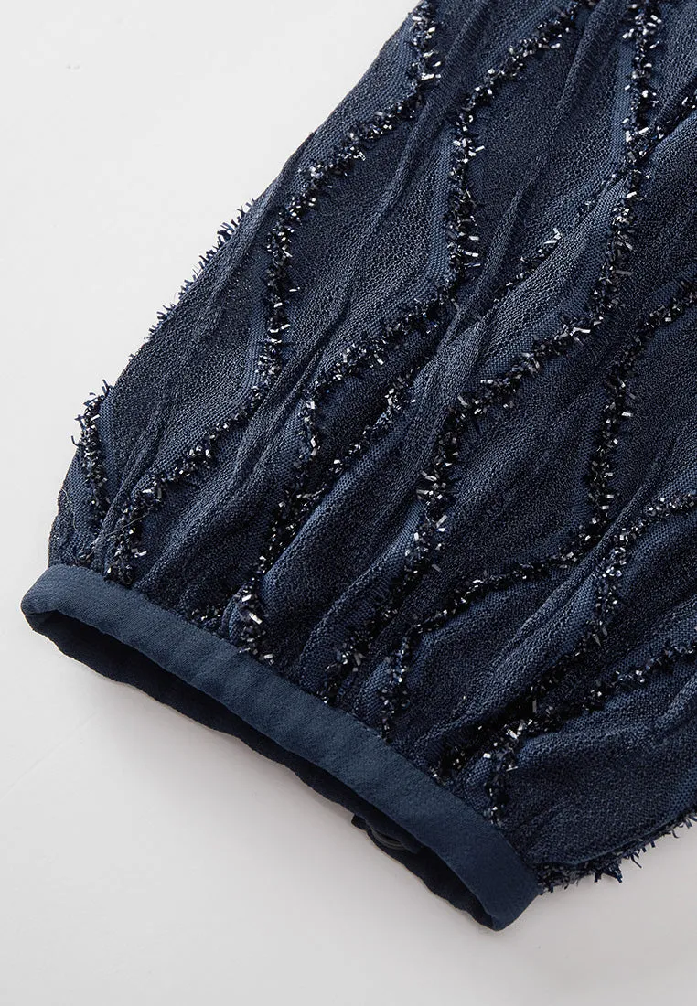 Diamond Pattern Embellished Lace-detail Belted Dress