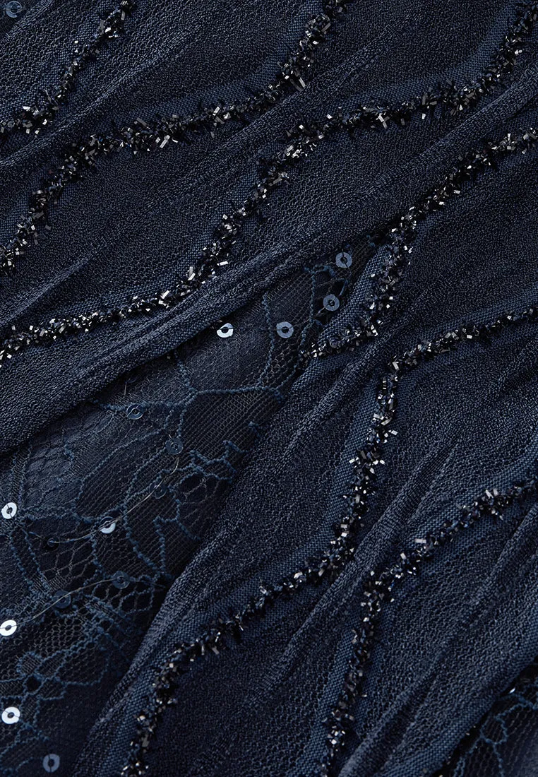 Diamond Pattern Embellished Lace-detail Belted Dress