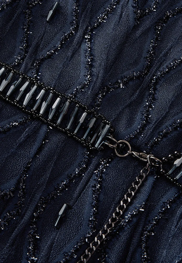 Diamond Pattern Embellished Lace-detail Belted Dress