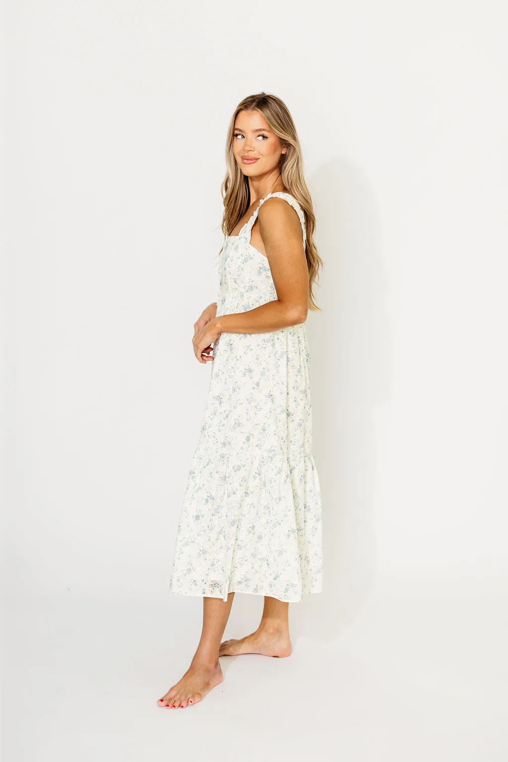 Diana Button-Down Midi Dress in White/Blue Floral - Nursing Friendly
