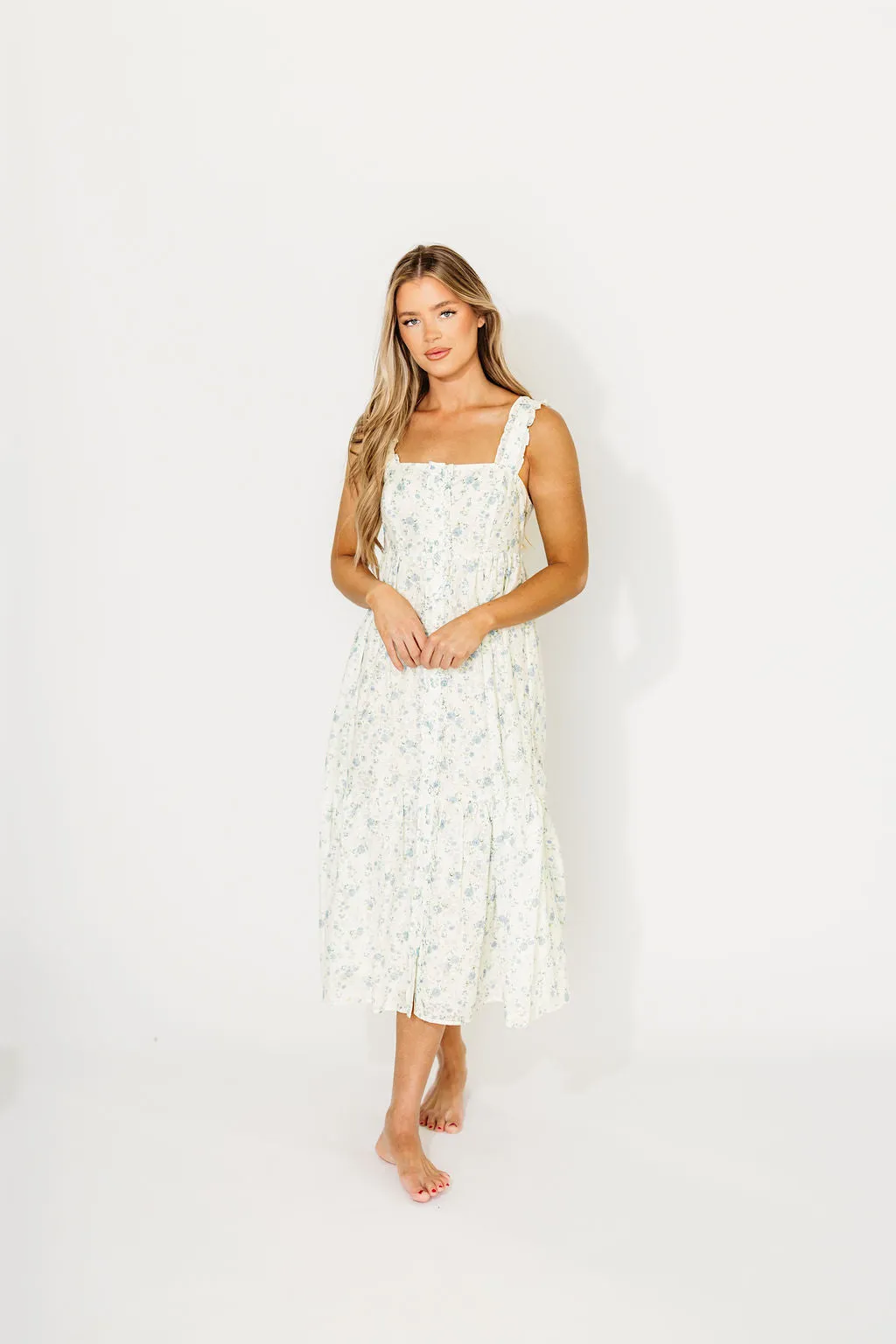 Diana Button-Down Midi Dress in White/Blue Floral - Nursing Friendly