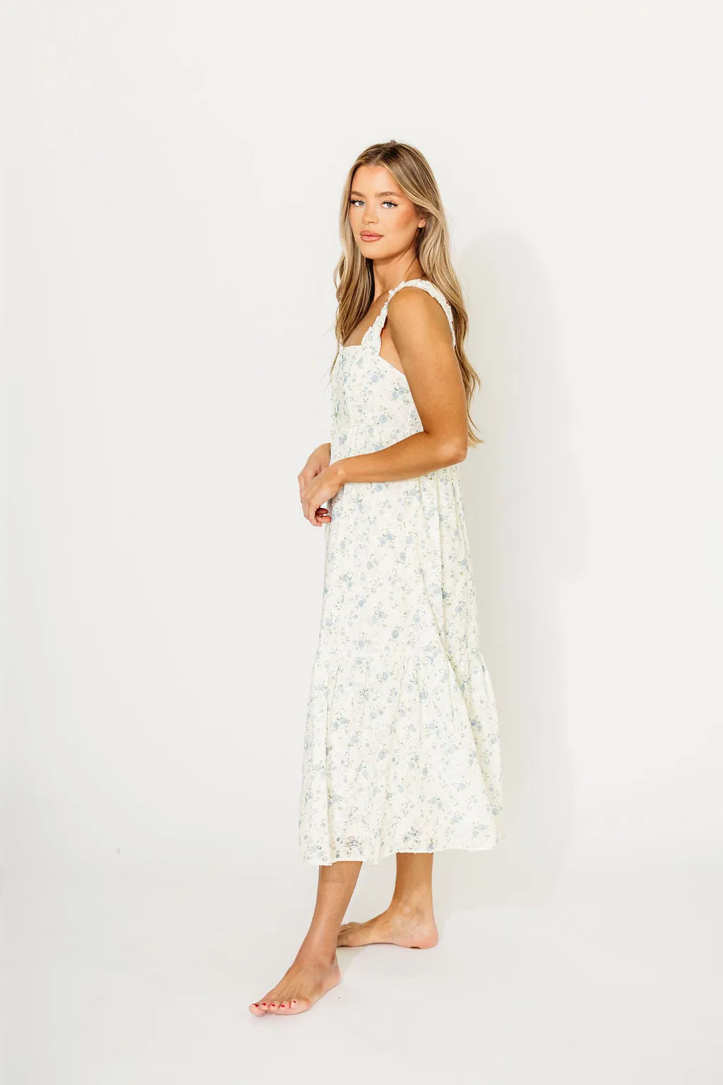 Diana Button-Down Midi Dress in White/Blue Floral - Nursing Friendly