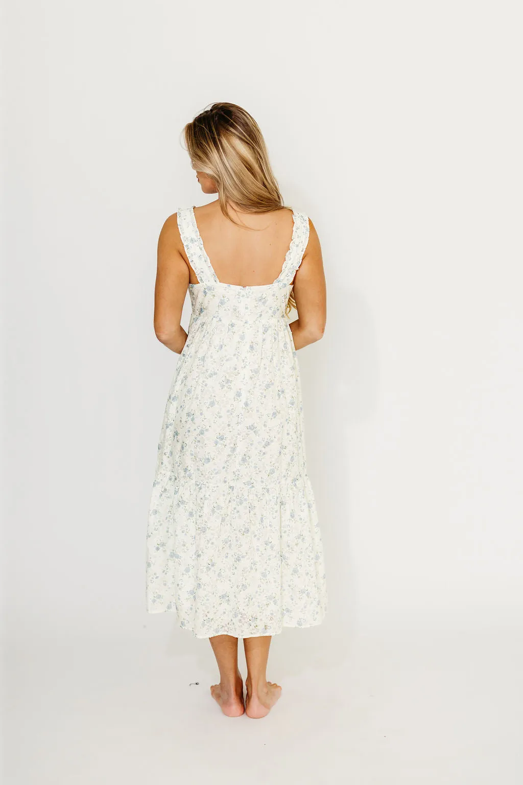 Diana Button-Down Midi Dress in White/Blue Floral - Nursing Friendly