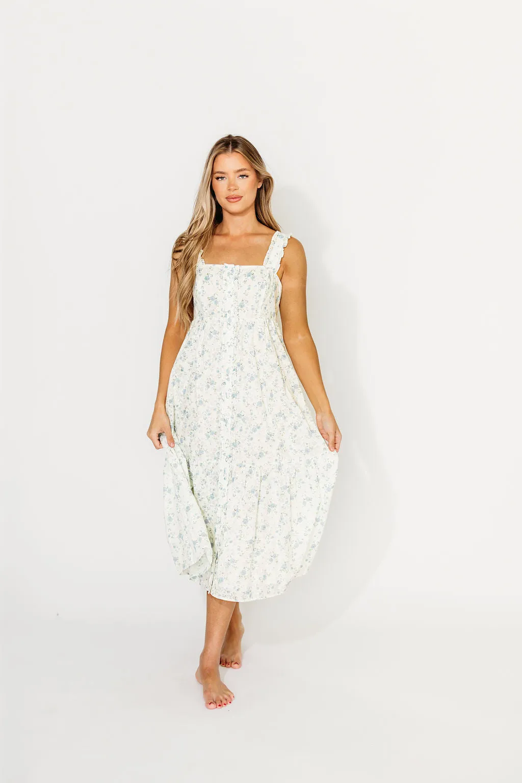 Diana Button-Down Midi Dress in White/Blue Floral - Nursing Friendly