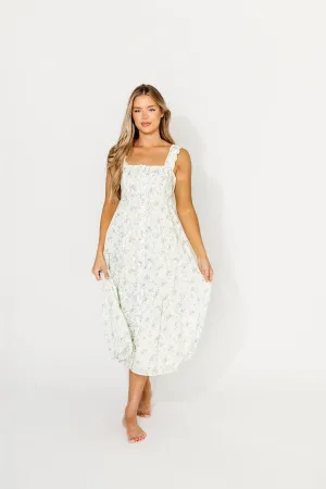 Diana Button-Down Midi Dress in White/Blue Floral - Nursing Friendly