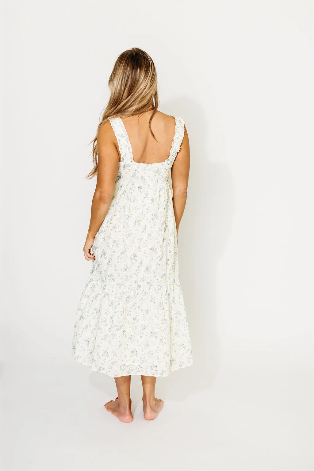 Diana Button-Down Midi Dress in White/Blue Floral - Nursing Friendly