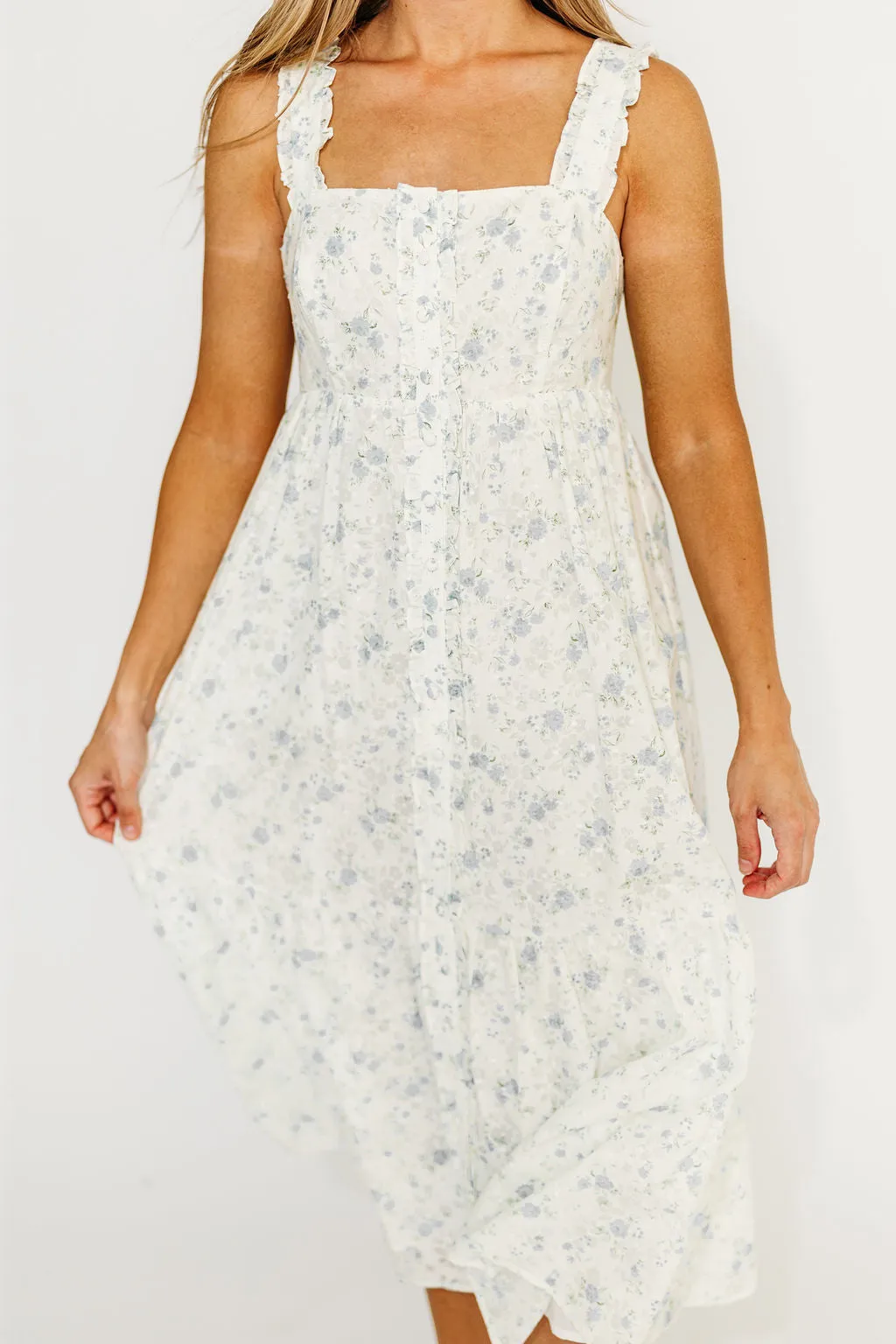 Diana Button-Down Midi Dress in White/Blue Floral - Nursing Friendly