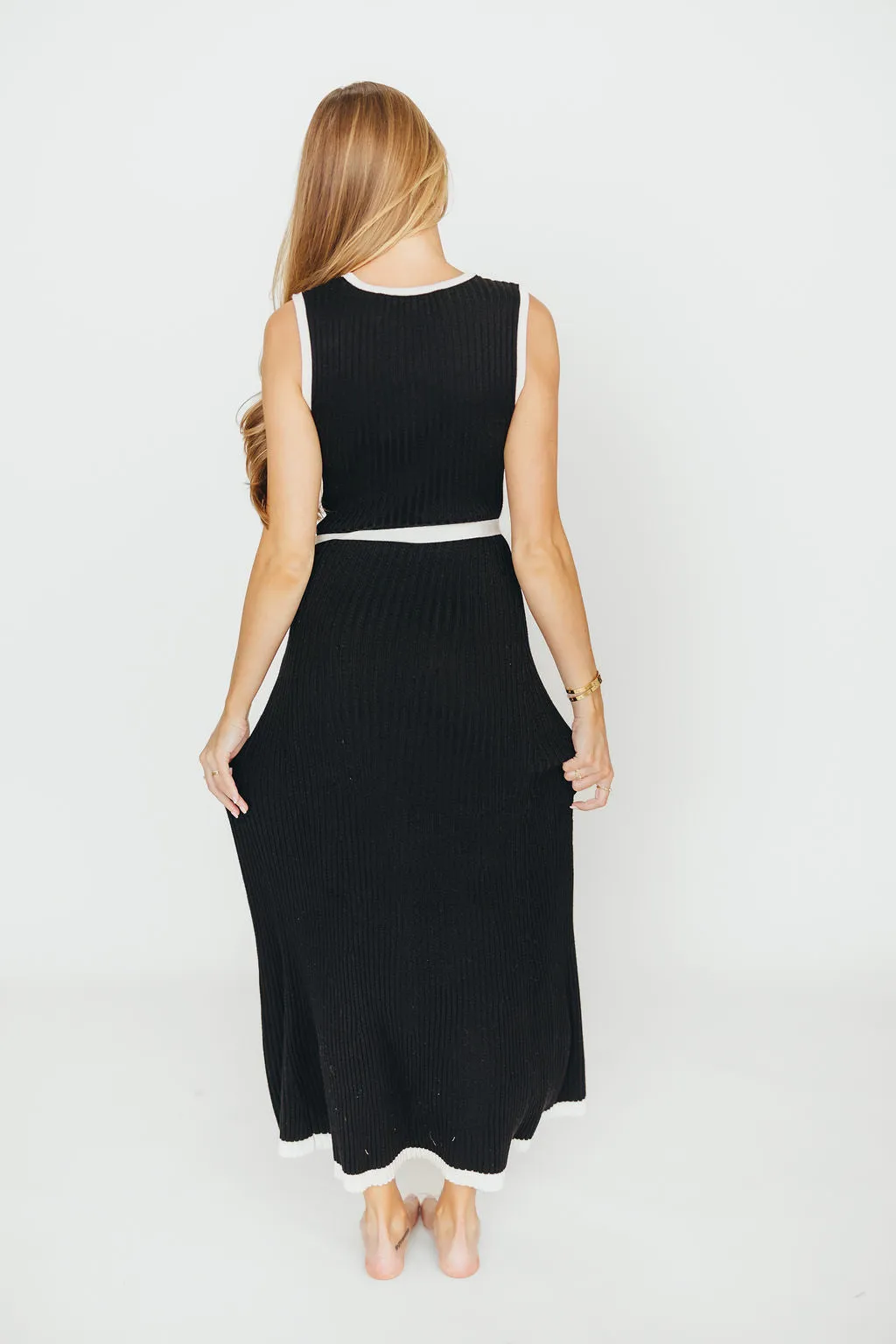 Drew Sleeveless Ribbed Knit Midi Dress in Black/White